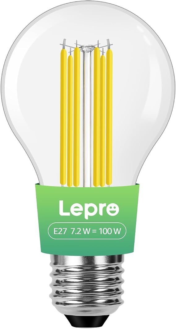 Lepro 1521lm E27 Screw Bulb A-Rated, 7.2W = 100W, Warm White 2700K | Ultra-efficient ES Edison Screw Light Bulb, 50000H Lifespan, Clear Filament, Vintage Glass for Home Lighting, Non-dimmable [Energy Class A]