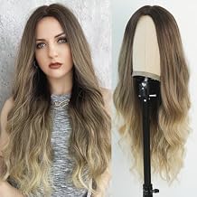 Ombre Brown Wavy Wigs for Women Brown to Blonde Long Synthetic Wig Middle Part, Heat Resistant Natural Looking Wave Highlight Glueless Wig for Girls Daily Party 28 inch