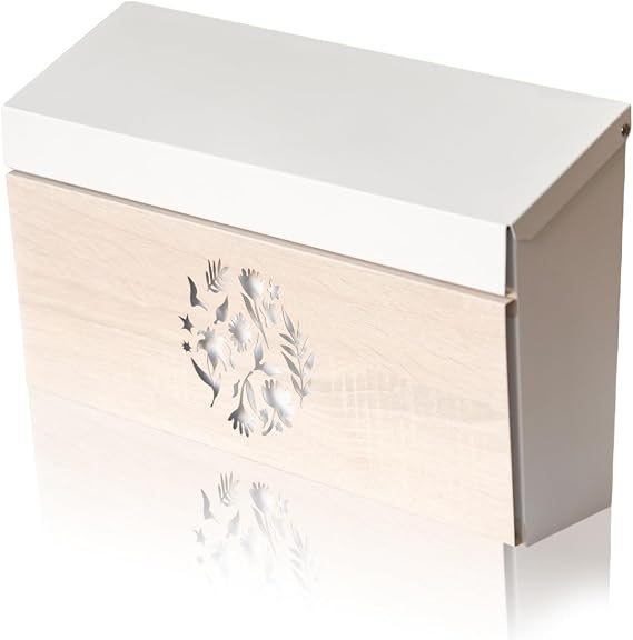 Ydocabinit Wall Mount Mailbox, Large Capacity Mailbox for House Outside, Galvanized Steel Rust-Proof Metal Post Drop Box, 15.74"9.84"4.33" Flower Hollowed Wooden Patterned Metal Sheet