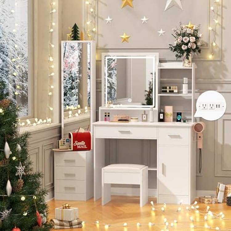 INTERGREAT Makeup Vanity with Lights and Mirror, White Vanity Desk, Dressing Table with Large Drawers, 3 Lighting Modes, Full Length Mirror, Bedroom