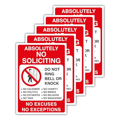 Absolutely No Soliciting Decals 5-Pack 4.13 x 5.83 Polypropylene Glossy-Laminated Door Signs Weatherproof No Soliciting Sticker for House, Window No Solicitors, Do Not Knock or Ring Doorbell