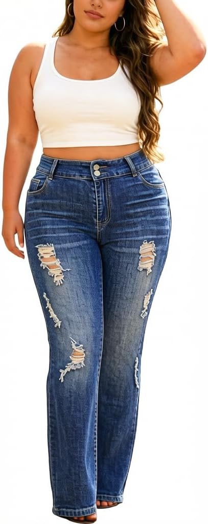 Cuyulitcik Women\'s Bell Bottom Jeans Flared Ripped Stretchy High Waisted Cut Out Distressed Denim Bootcut Jeans