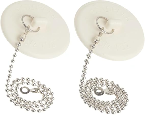 2Pcs Tub Stopper, Rubber Bathtub Stoppers Drain Plug with Stainless Steel Beaded Chain, Bathroom Plug Fit for 1.5" to 2" Kitchen Sink, Bathroom Bath tub, White