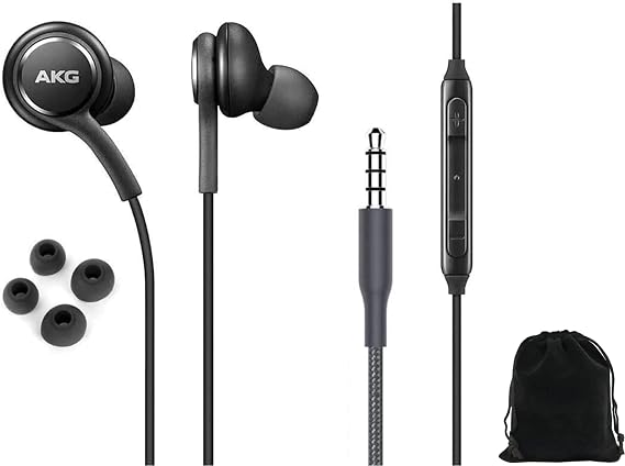 ElloGear 2023 OEM Earbuds Stereo Headphones for Samsung Galaxy S10 S10e Plus A31 A71 Cable - Designed by AKG - with Microphone and Volume Buttons (Black) with Carrying Pouch