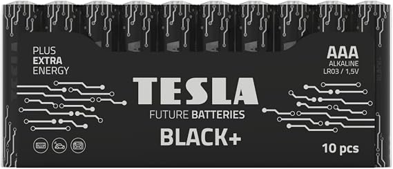 Tesla Batteries Black+ AAA Maximum Power Alkaline Batteries, 10- Year Shelf Life, A Long-Lasting Battery Life, Leak-Free, 10 Count [Pack of 1]