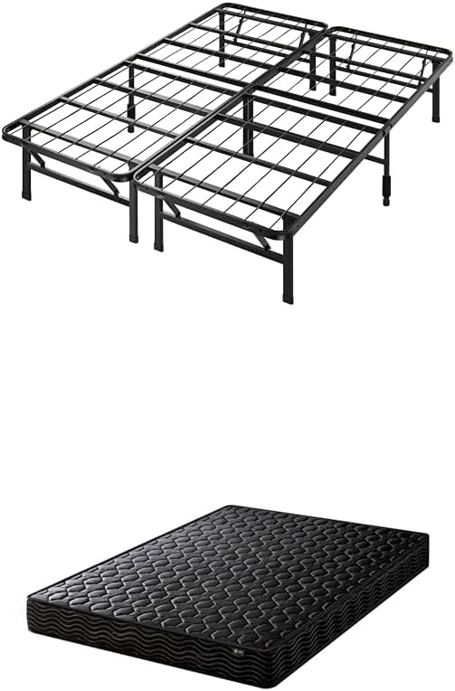 Zinus SmartBase Bed Frame, Black + 7.9 inches 20 cm, Basic Pocket Coil Mattress, Black, Double/Soundproofing/Pipe/Storage Space/No Tools Required/Easy Assembly