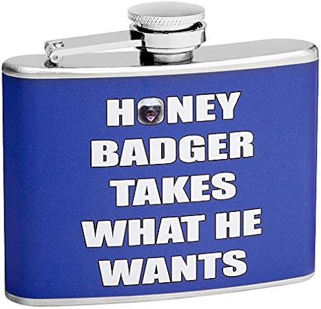Hip Flask Holding 4 oz - Honey Badger Gets What He Wants Design - Pocket Size, Stainless Steel, Leak Proof, Screw-On Cap - Blue, White and Black Wrapped Vinyl Finish - Black Gift Box Included