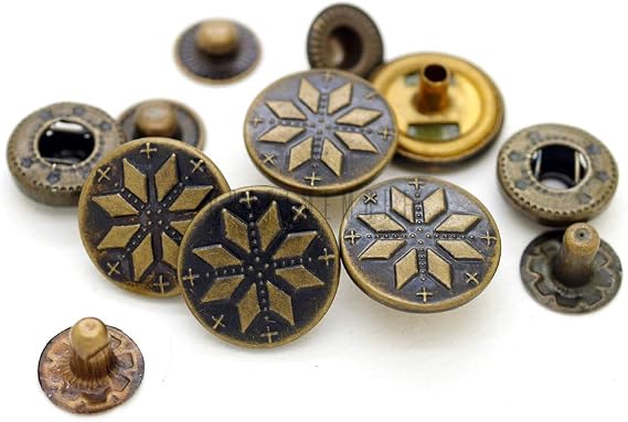 CRAFTMEMORE Antique Brass Snowflake Snap Fasteners S-Spring Popper Stud Closure Button for Jeans Jacket Leather Craft 10 Pack TL03 (15 mm)