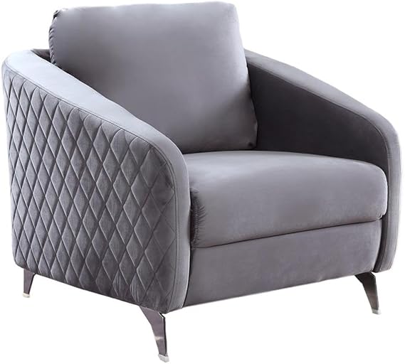 Lilola Home Sofia 36" W Gray Velvet Accent Chair with Silver Legs Tufted Modern Armchair for Living Room, Bedroom, or Reading Nook