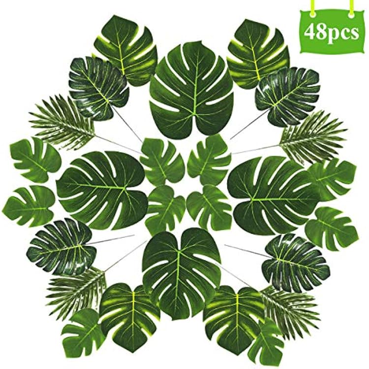 48pcs Artificial Palm Leaves Decorations 5 Kinds of Tropical Palm Tree Leaves | Faux Plam Leaves with Stem, Monstera Leaves Table Decor for Safari Jungle Theme Party Hawaiian Luau Aloha Beach Party