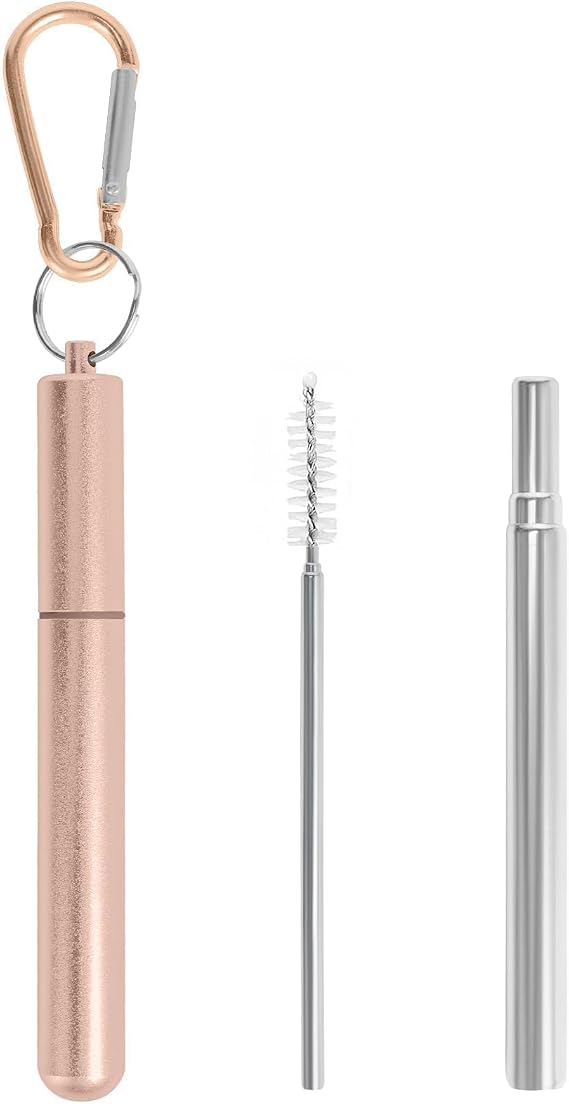 Collapsible Metal Straws, Travel Drinking Straws with Case, Keychain and Cleaning Brushes, Cruise Essentials(1 Pack, Rose Gold)