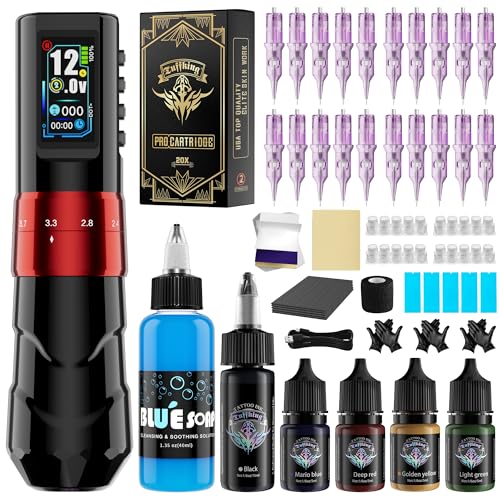 Tuffking Tattoo Kit - Wireless Tattoo Gun Kit, Professional Rotary Tatoo Pen Machine with 6 Strokes Length,1600mAh Battery, 20pcs Cartridge Needles for Artist and Beginners Tattoo SuppliesRed