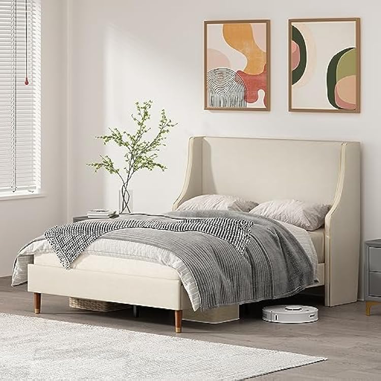 Full Size Upholstered Platform Bed Frame with Wingback Headboard, Linen Fabric & Wooden Slats Support, Modern Golden PVC Material Edge for Bedroom,No Box Spring Needed, Easy to Assemble, Beige