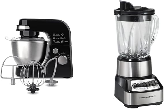 Hamilton Beach Electric Stand Mixer, 4 Quarts, Dough Hook, Flat Beater Attachments, Splash Guard 7 Speeds & Wave Crusher Blender with 40 Oz Glass Jar and 14 Functions for Puree, Stainless Steel