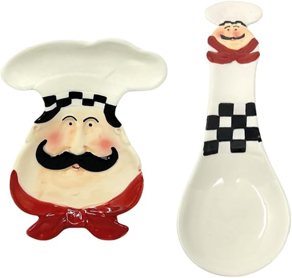 Fat Chef Spoon Rest and Kitchen Plate 2 Item Bundle, Italian Bistro Cooking Home Decor, Ceramic and Hand Painted