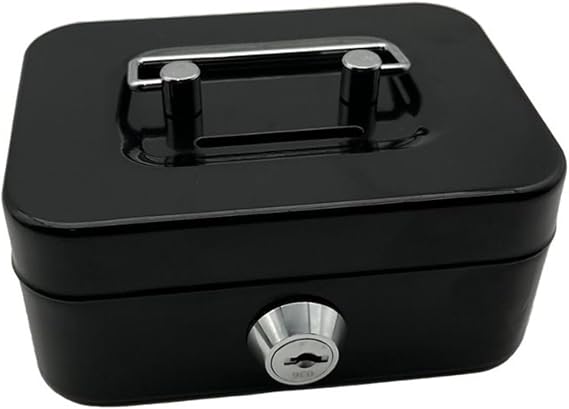 Metal Cash Box, 4.5" x 3.35" Small Cash Storage Box with Lockable Cover, Key Lock Money Organizer for Kids, Cute Toys with Handle for Home(Black)