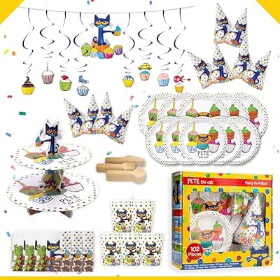 Pete The Cat Party in A Box Kit - Serves 10 People - Plates, Cups, Napkins, Utensils, Hats, Banners and More - Celebration, Birthday Party, Toddler 102 Pieces - Party Supplies