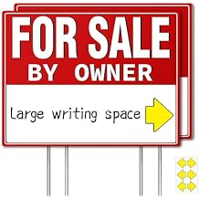2 Pack For Sale By Owner Yard Sign with Metal Stakes, 17x13" Weatherproof Double-Sided Signs - Extra Large Writing Space, Arrow Stickers, FSBO Signage for House & Home Real Estate