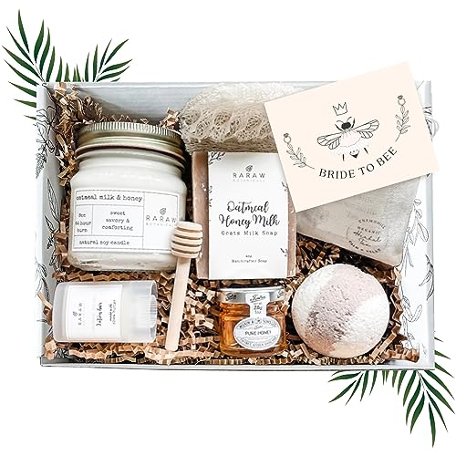 RaRaw Bridal Shower Gifts for Bride To Be - Bride Box Set with Honey Scented Candle, Exfoliating Loofah, Soap, Lotion Bar, Bath Bomb, Tea - Bachelorette Gift Basket for Self Care, Relaxation & Pamper