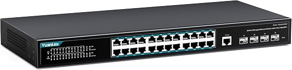 YuanLey 28 Port Gigabit Managed Switch with 24 10/100/1000Mbps RJ45 Ports, 4X 10Gbps SFP+, L3 Smart Managment Ethernet Switch, VLAN, QoS, ACL, SSL, Fanless, Compatible for Tp-Link, Netgear