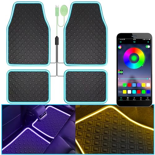 Car Floor Mats with Led Strip Light, Premium Universal Fit Black Automotive Carpet, Interior Car Lights Floor Mats,App Control Faux Leather Anti-Slip Waterproof Neon Car Decor Accessories for SUV Etc.