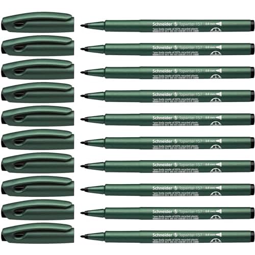 Schneider Topwriter 157 Fiber Tip Pen, 0.8 mm, Green Barrel, Black Ink, Box of 10 Pens 115701