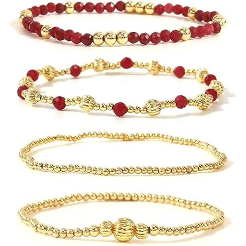 Gold Beaded Bracelets Stack for Women - Boho Natural Stone Bracelets for Women Stackable 14K Gold Plated Beads Gemstones Adjustable Waterproof Jewelry Trendy Friendship Gift