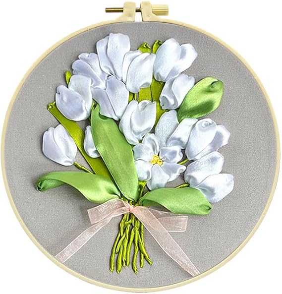 BYVUTE 3D Silk Ribbon Embroider Kit, for Beginners Adults, Handmade DIY Blooming Flower Paintings Stitch, with Embroidery Hoop and Instructions Handwork Home Decoration (White)