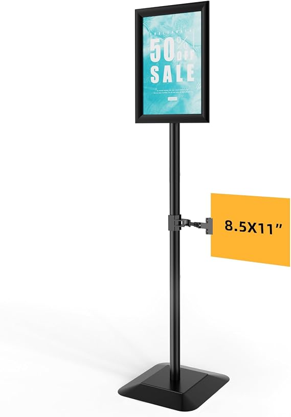 Adjustable Sign Stand for Display, Heavy Duty Sign Holder Floor Stand with Base, Aluminum Snap Open Frame 8.5x11, with Anti-Slip Solid Steel Square Pedestal and Signage Clip