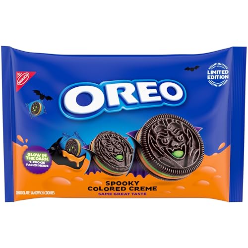 OREO Green and Orange Creme Chocolate Sandwich Cookies, Limited Edition Halloween Cookies, Glow in the Dark Pack, 14 Snack Packs 1 Cookie Per Pack