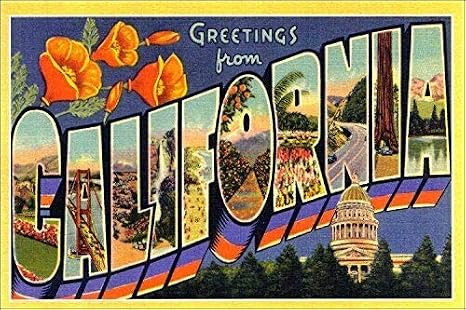 MAGNET 3x5 inch greetings from California Sticker (Vintage Post Card Design) Magnetic vinyl bumper sticker sticks to any metal fridge, car, signs