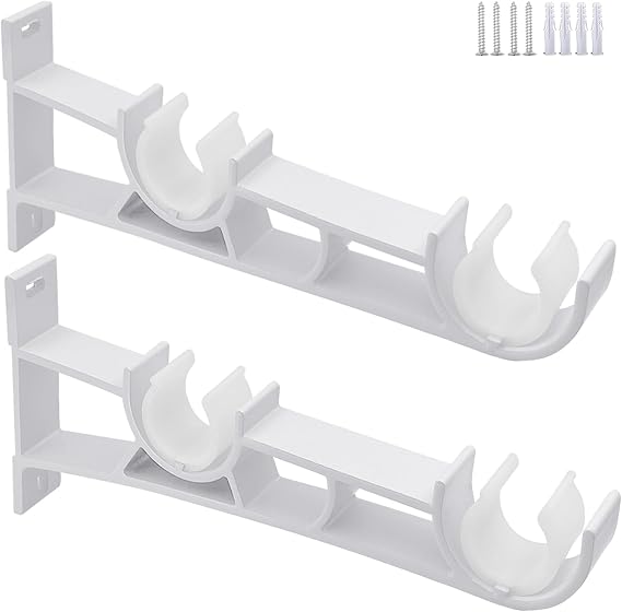 Double Curtain Pole Bracket White Curtain Rod Hooks Pole Holders for 1 inch Rod, Wall Mounted Curtain Brackets Rod Supports, 2 Pack