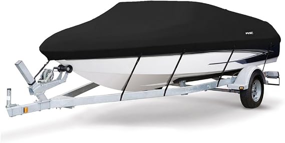 MSC Heavy Duty Oxford Ployester Made Trailerable Boat Cover,Fits V-Hull,Tri-Hull, Runabout Boat Cover (Black, Model AA - Length:12'-14' Beam Width: up to 68")