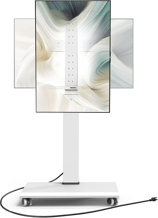 FITUEYES Rolling TV Stand with Rotation Function for 32-75 Inch TVs, White | Mobile TV Stand with Power Outlet, Landscape to Portrait Rotating, TV Cart with Height Adjustable & Swivel, up to 88 lb