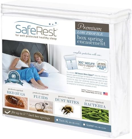 SafeRest Premium Hypoallergenic Waterproof Certified Low Profile Bed Bug Proof Box Spring Encasement 5.5" - Vinyl Free White Queen