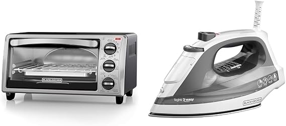 BLACK+DECKER 4-Slice Toaster Oven, TO1313SBD, Even Toast, 4 Cooking Functions Bake, Broil, Toast & Light N Easy Compact Steam Iron, IR1020S, Stainless Steel Soleplate, Spray Mist