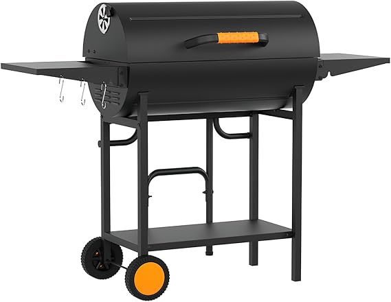 Outdoor Charcoal BBQ Grill, Black Steel, 52.76x19.29x37.78 Inch, with Side Tables, Storage Shelf, Wheels, Dual Carbon Basin