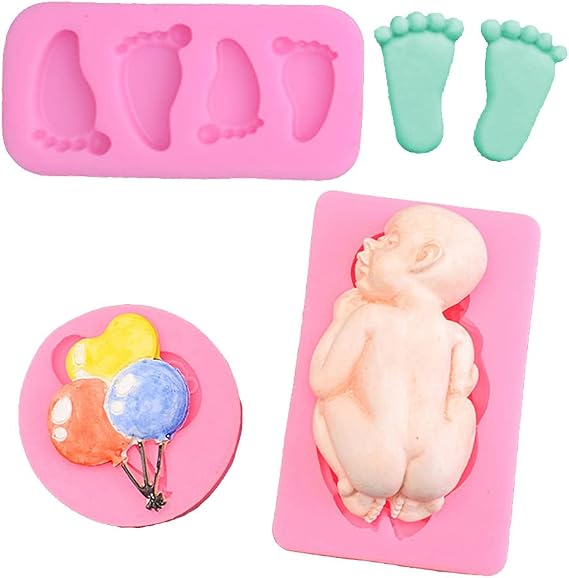 Set 3 Baby Shape Silicone Moulds Candle Soap Making Mold Baby Shower Cake Decorating Balloons Baby Feet Fondant Chocolate Candy Baking Mould Toddler Birthday Party Handmade Clay Craft DIY Gift