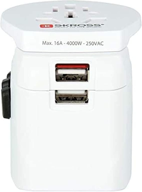 SKROSS Pro Light World Travel Adapter with USB | 3-Pole Travel Adaptor with Slide System | Designed for 200+ Countries | Compact and Reliable | White