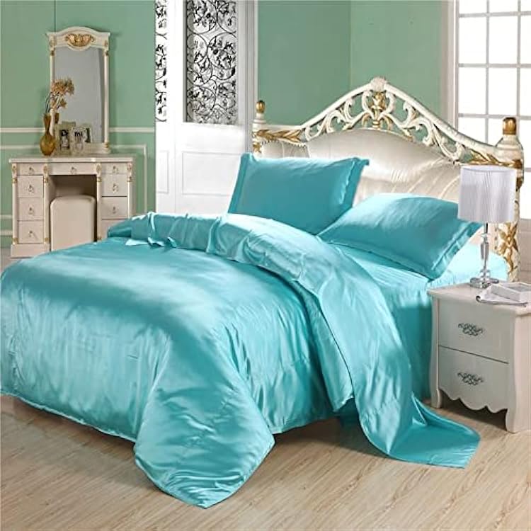 Kanak Bedding 4 PCS Duvet Sheet Set, Supreme Quality Sexy Silky Satin,1 Large Size Double Heads Zipper Duvet Cover,1 Fitted Sheet 19to21 Deep, 2 Pillow case Aqua Blue, Cal King