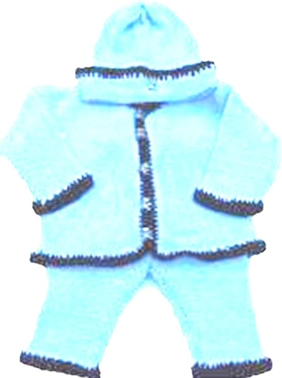 Knitted Crochet Finished Blue Chenille Navy Trim Cardigan Pant Hat Set