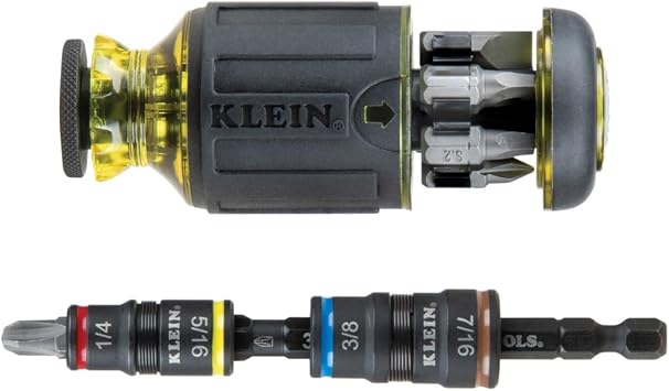 Klein Tools 32308HD Impact Driver Set, 12-in-1 Stubby Screwdriver Set, 2 Hex Flip Sockets, 7 Bits, 1/4-Inch Bit Holding Feature