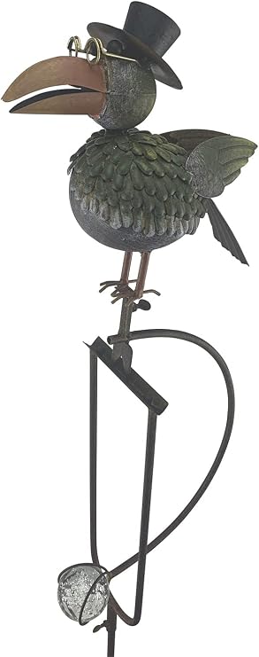 Red Carpet Studios Garden Stake Yard Art Metal and Glass Balance Rocker with 4-Prong Stake, 51" Tall, Wise Old Crow