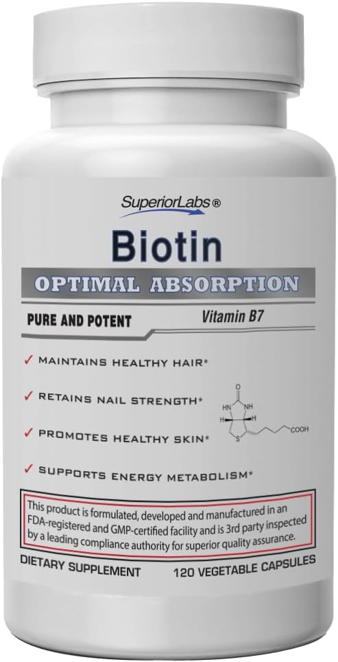 Superior Labs Best Natural Biotin NonGMO Supplement for Luscious Longer Hair and Lashes Stronger Nails Healthy Skin Energy Booster Healthy Weight - 5000 mcg, 120 Vegetable Caps