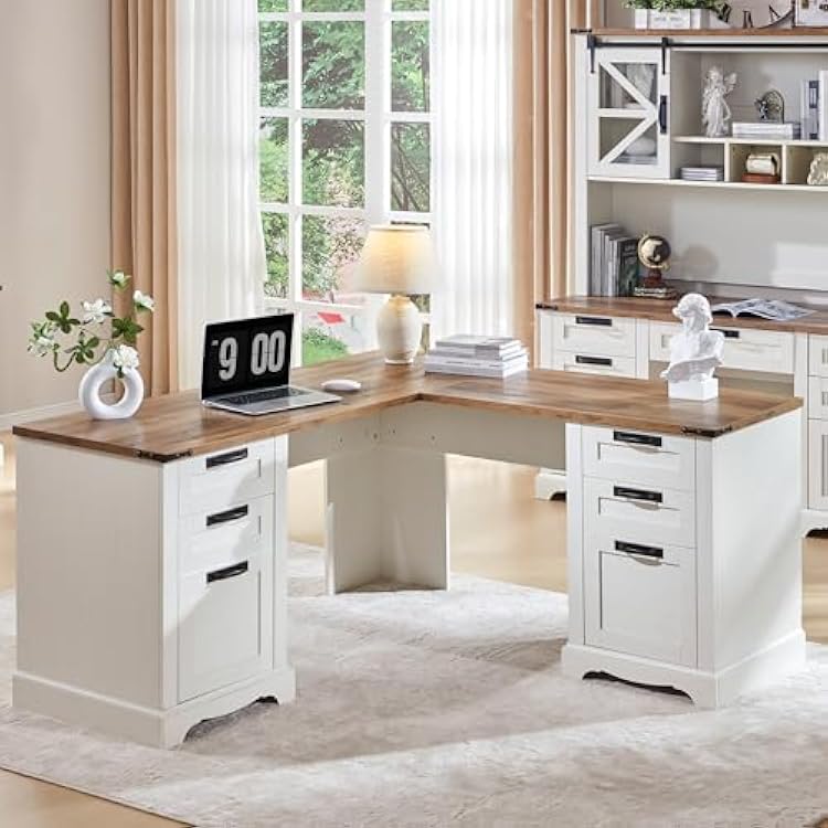 RedLemon 60 Farmhouse L Shaped Executive Desk with Drawers, Wood Home Office Corner Desk with Charging Station, File Drawer, Storage Cabinet, Rustic Computer Writing Desk Antique White
