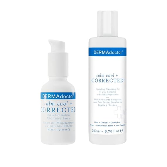 DERMAdoctor Calm Cool + Corrected Cleansing Oil & Bakuchiol Serum Bundle for Dry, Sensitive, Eczema-Prone Skin