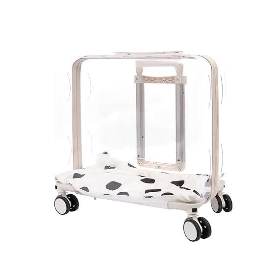 Pet Trolley, Transparent Rolling Carrier with Breathable Cover, White with Black Spots Pattern, Wheeled Travel Transport, 19.69x11.02x17.72 Inch