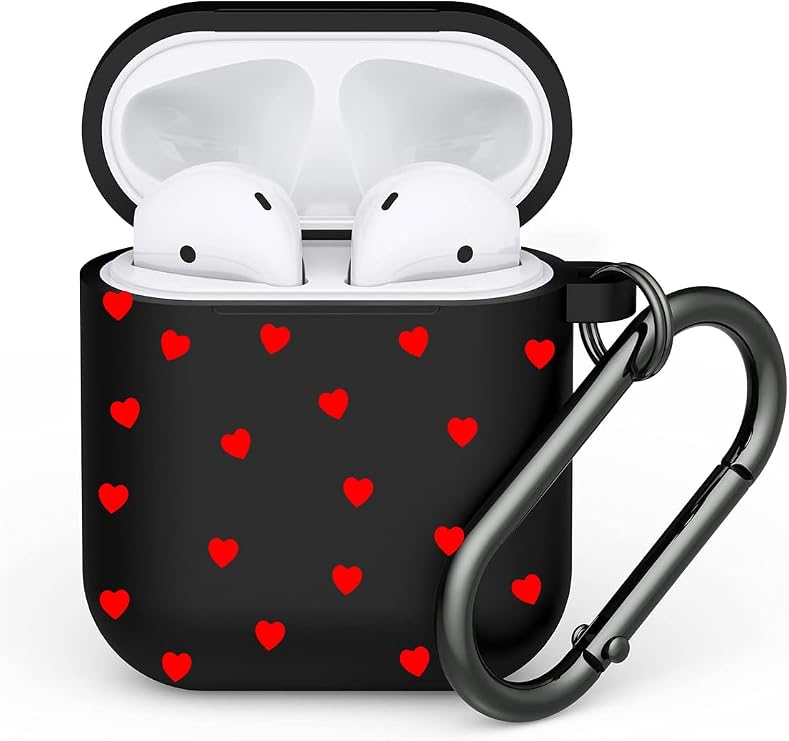 Powerfox Apple AirPods 1. & 2. Nesil ile Uyumlu Metal Kopçalı Kulaklık Kılıfı, Siyah Kırmızı Kalp