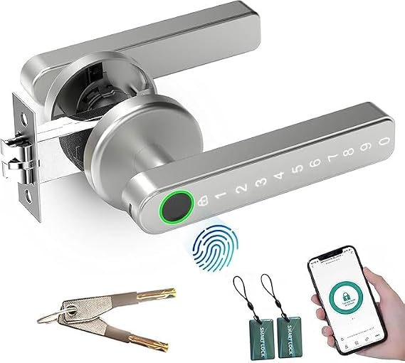 Smart Door Lock - 5 in 1 Fingerprint Door Lock,Zinc Alloy, with APP/IC Card/Passcode/Key/Fingerprint Biometrics, Single Side Smart Door Handle for Home, Bedroom, Hotel(APP Smart Management)