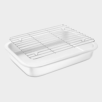 Ceramic Roasting Pan, Baking Dish with Stainless Steel Rack, Non Stick Chicken Roaster Pan, Microwave or Conventional Oven Cooking, Food Prep Tools, White Color White, 2.94 Quarts